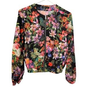 Baccini Petite Small Black Multicolor Full Zip Jacket Floral Coat Hibiscus